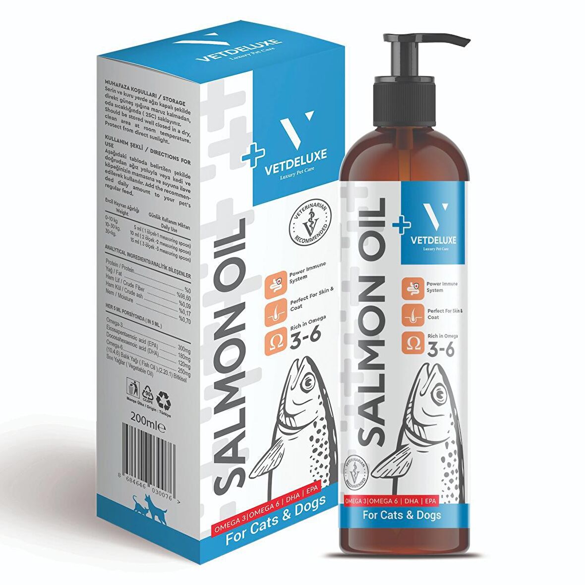 VETDELUXE Salmon Oil Omega 3-6 İçeren Deri Tüy Sağlığını Destekleyen Somon Yağı 200 Ml