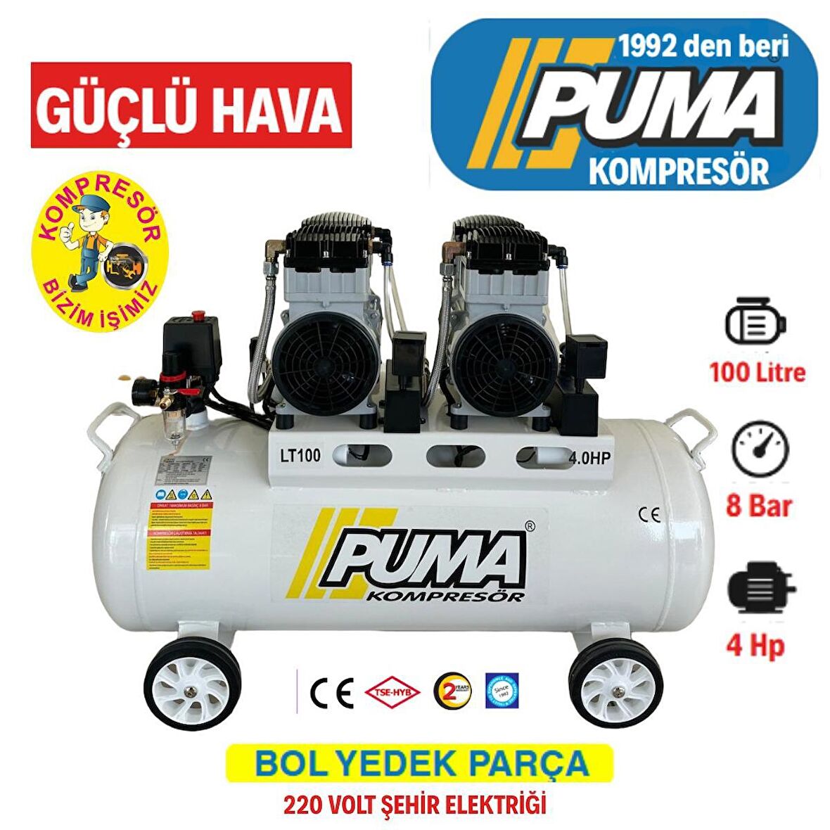 PUMA SESSİZ YAĞSIZ PİSTONLU KOMPRESÖR - 100 Lt - 4 HP - 8 Bar
