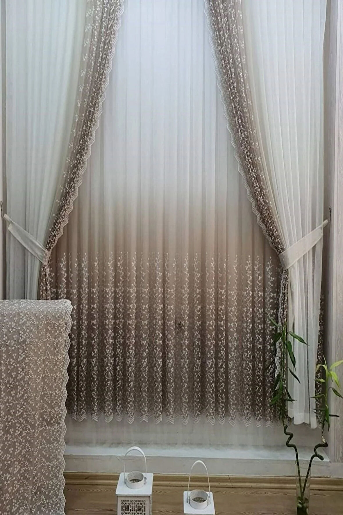 Bej Vizon Açık Kahve Renk Sağ Sol Kanat Fon ve İç Tül Takım Kombin Papatyalı Degrade Tül Perde