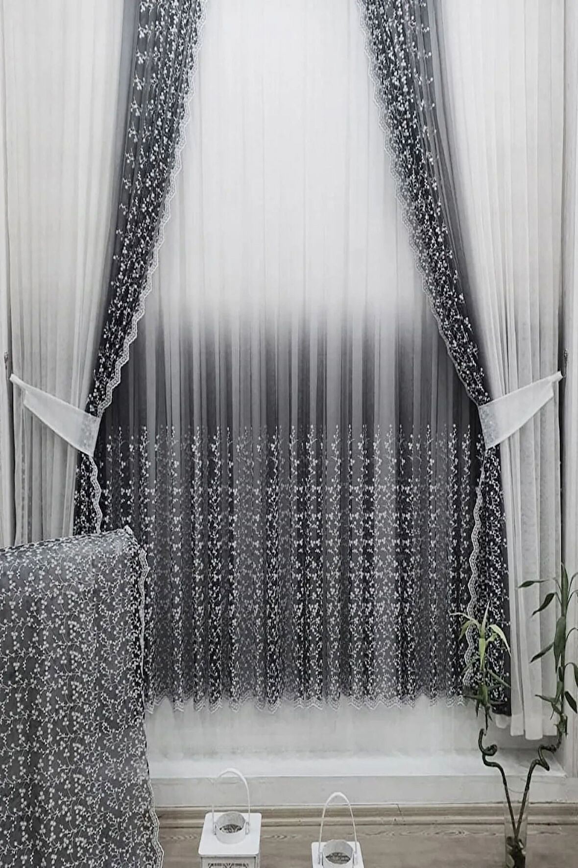 Gri Antrasit Renk Sağ Sol Kanat Fon Ve Iç Tül Takım Kombin Papatyalı Degrade Tül Perde