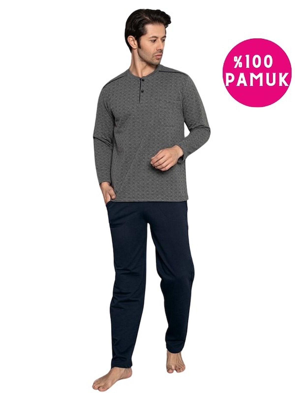 Erkek 3 Düğme Göğüs Cepli %100 Pamuk  2 İplik Kışlık Cepli Uzun Kol Pijama Takımı 