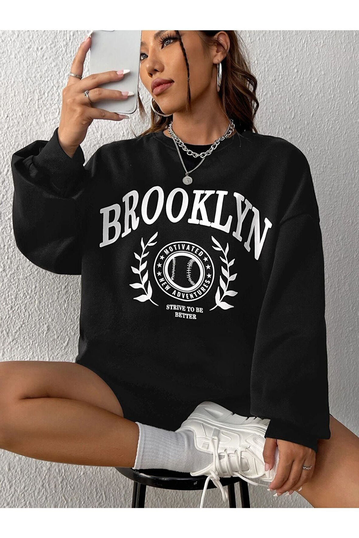Unisex Siyah Brooklyn Baskılı Bisiklet Yaka Oversize Sweatshirt
