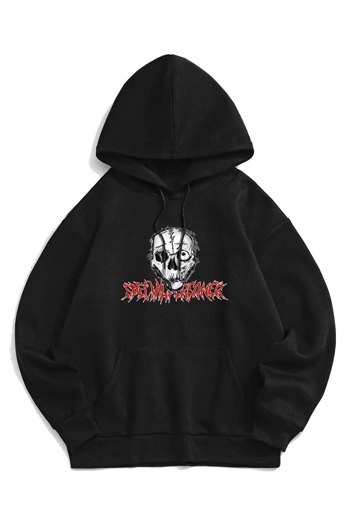 Unisex Siyah Kurukafa Baskılı Oversize Kapşonlu Sweatshirt