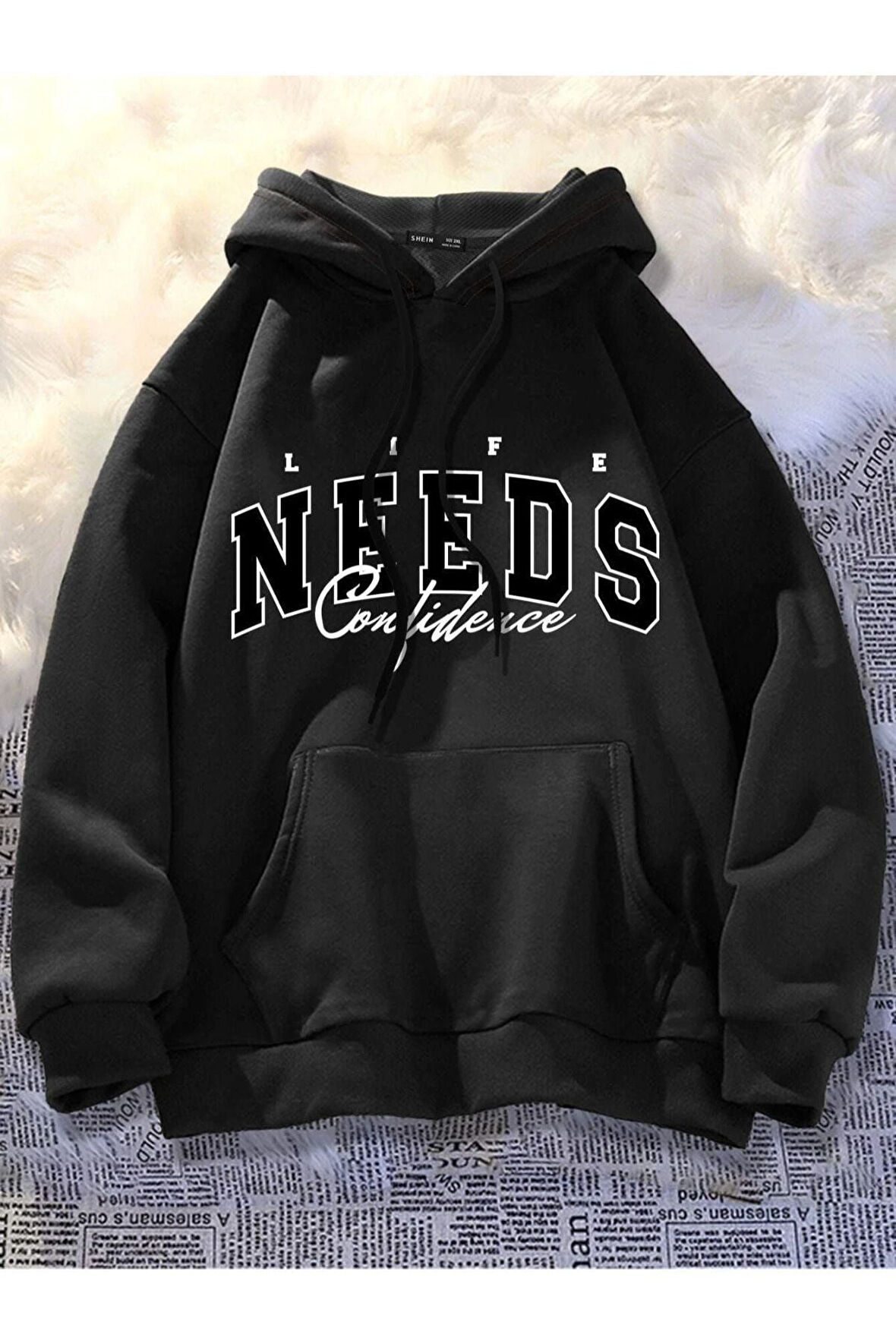 Unisex Siyah Needs Baskılı Kapüşonlu Oversize Sweatshirt