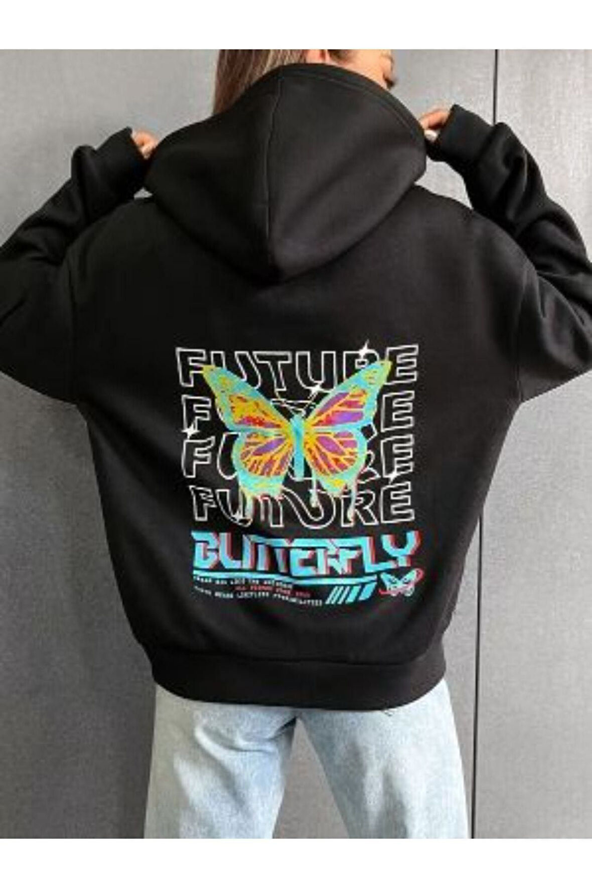 Unisex Siyah Future Sırt Baskılı Kapşonlu Oversize Sweatshirt