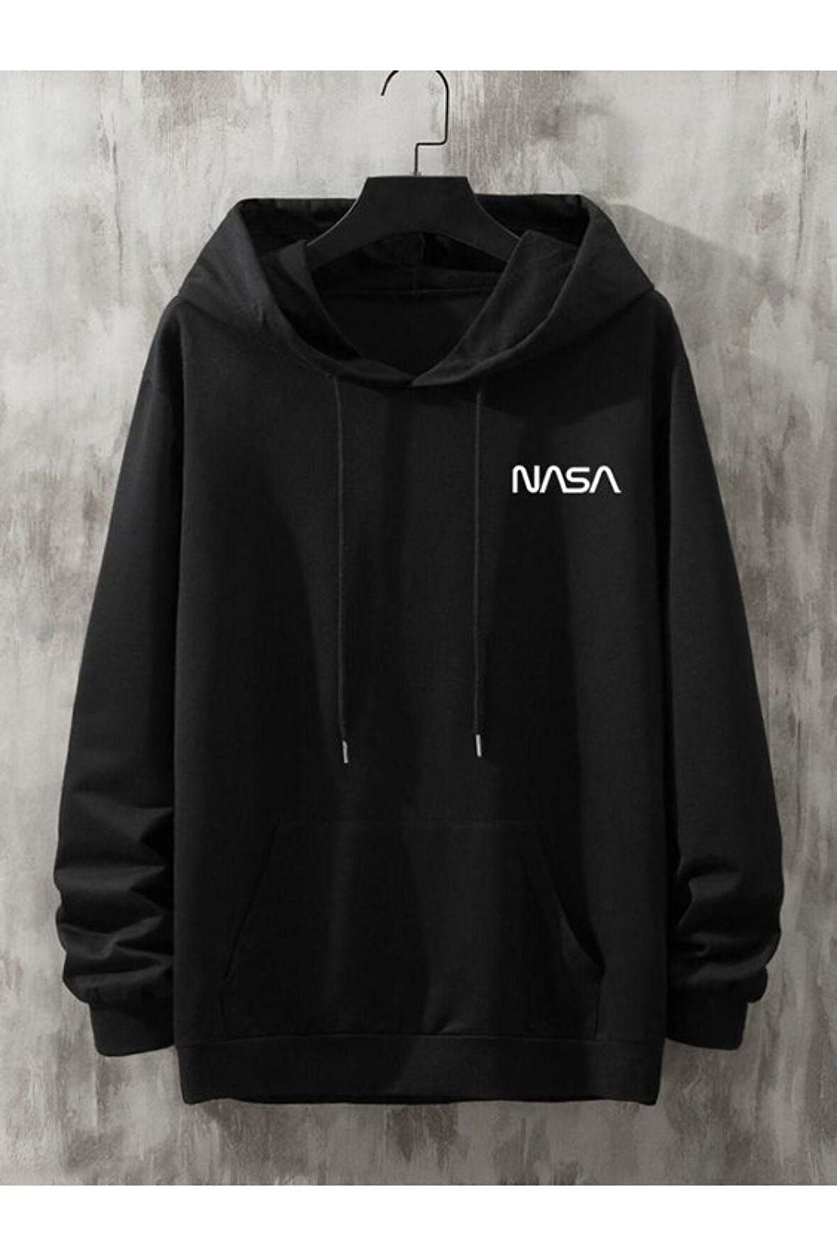 Unisex Siyah Nasa Yazı Baskılı Oversize Kapşonlu Sweatshirt