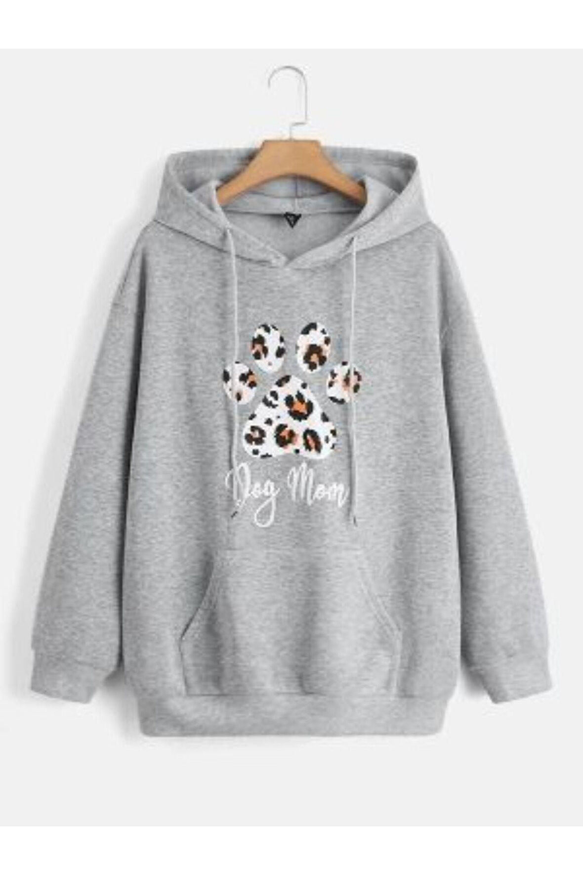 Unisex Gri Pati Baskılı Kapşonlu Oversize Sweatshirt
