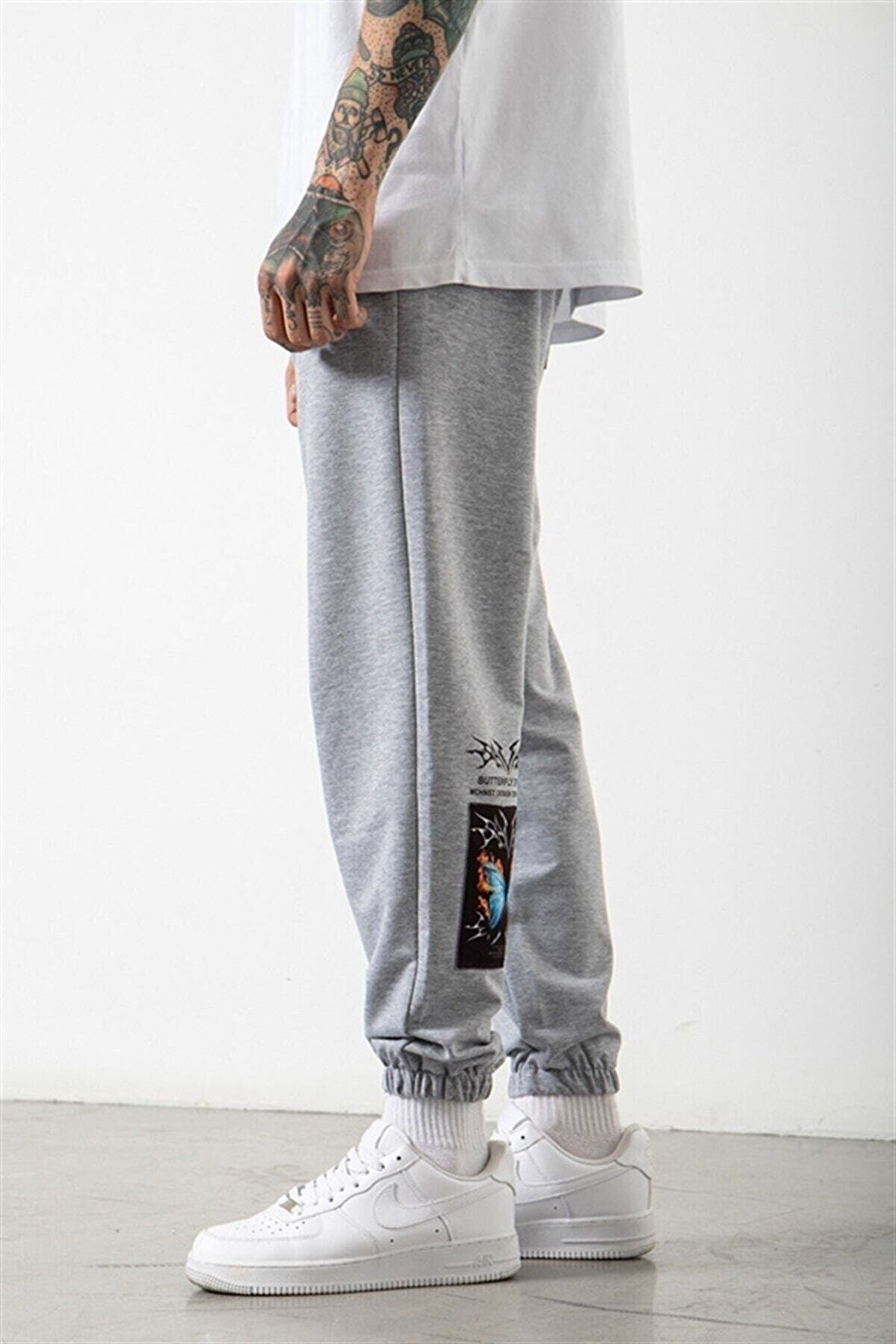 Unisex Gri Kelebek Baskılı Paça Lastikli Oversize Eşofman
