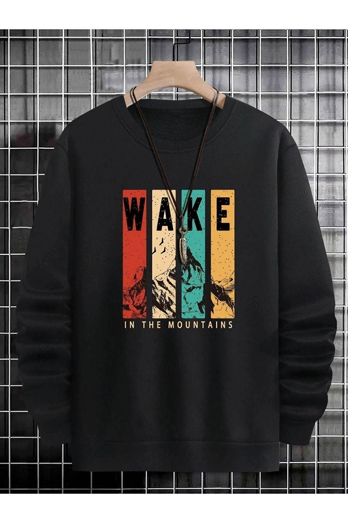 Unisex Siyah Wake Baskılı Bisiklet Yaka Oversize Sweatshirt