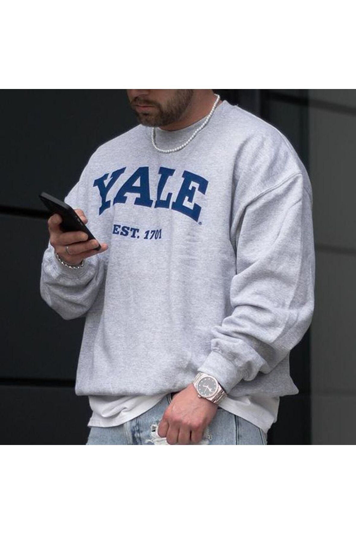 Unisex Gri Yale Baskılı Bisiklet Yaka Oversize Sweatshirt