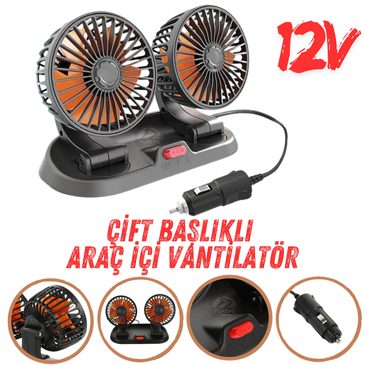 Araç İçi Vantilatör 360° Dönebilen Torpido Üstü Çift Başlıklı Vantilatör 12v Uyumlu Çakmaklık Girişli Soğutucu Fan