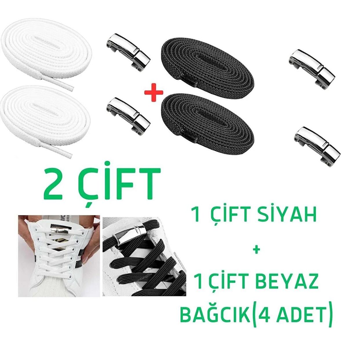 2 ÇİFT- Paslanmaz Metal, Manyetikli, Elastik, Tak-Bırak, Akıllı Ayakkabı Bağcığı (1 ÇİFT SİYAH +1 ÇİFT BEYAZ)