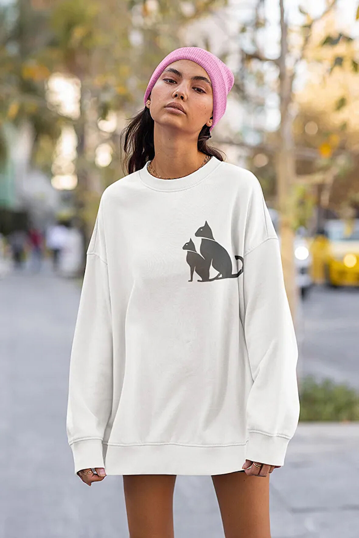 Minimalist Kedi Baskılı Unisex Oversize Sweatshirt