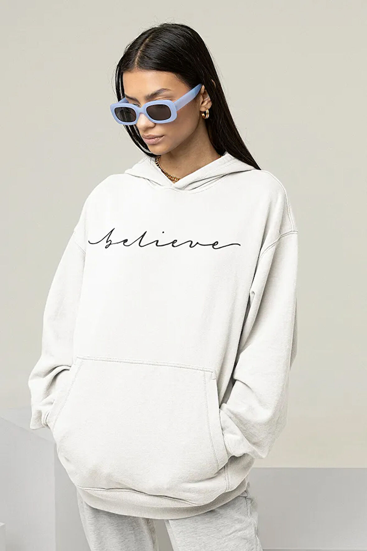 Believe Yazılı Unisex Oversize Hoodie