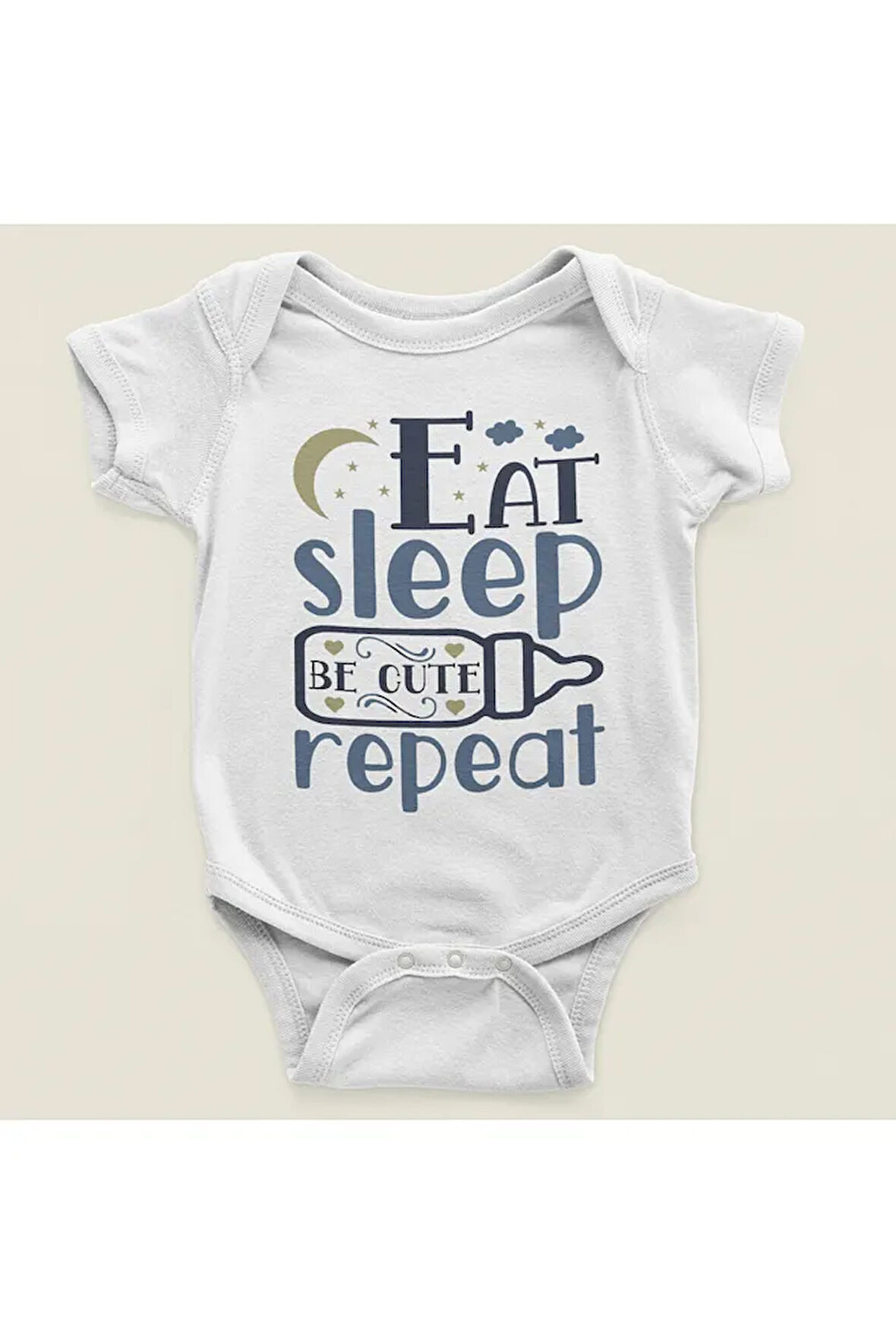 Yemek Ye, Uyu, Tatlı Ol, Tekrarla Yazılı Pamuklu Yumuşak Unisex Çıtçıtlı Body Zıbın
