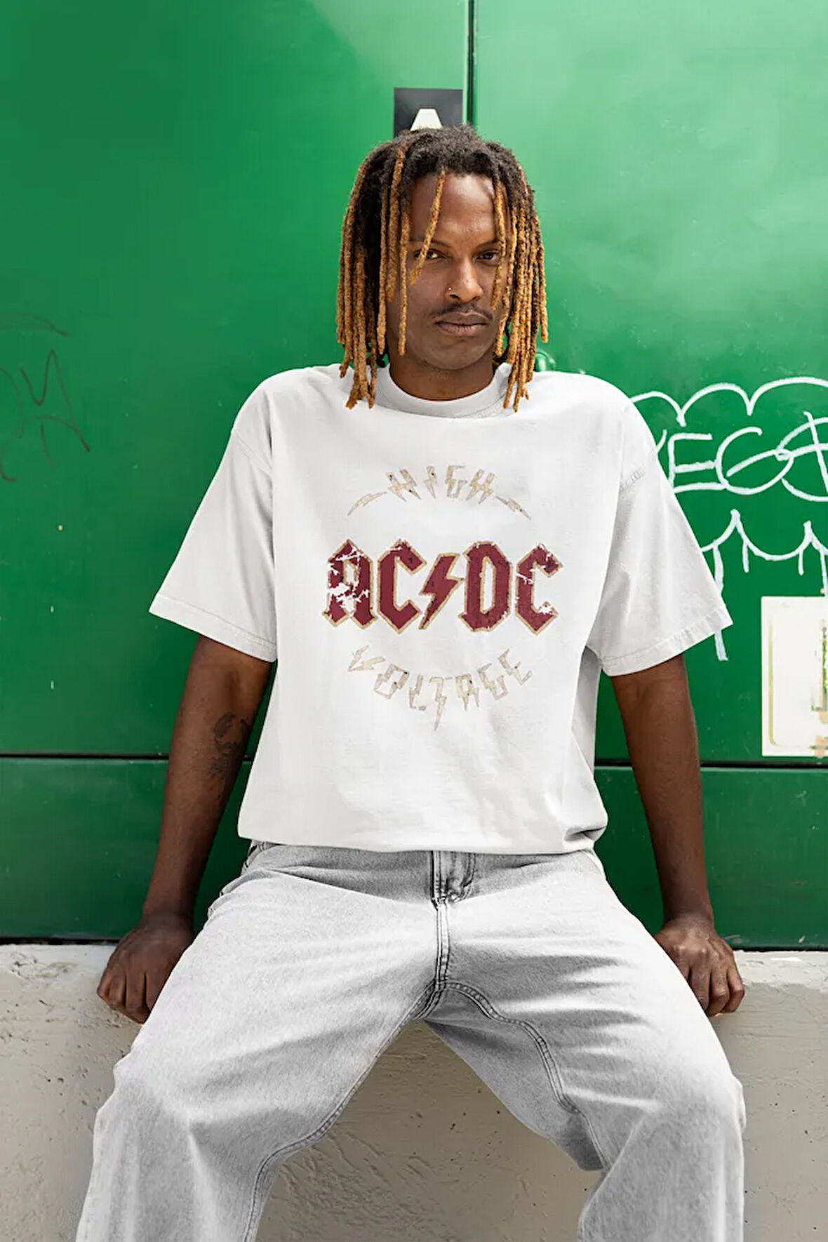 High AC DC Voltage Baskılı Unisex Oversize Rock Metal Tişört