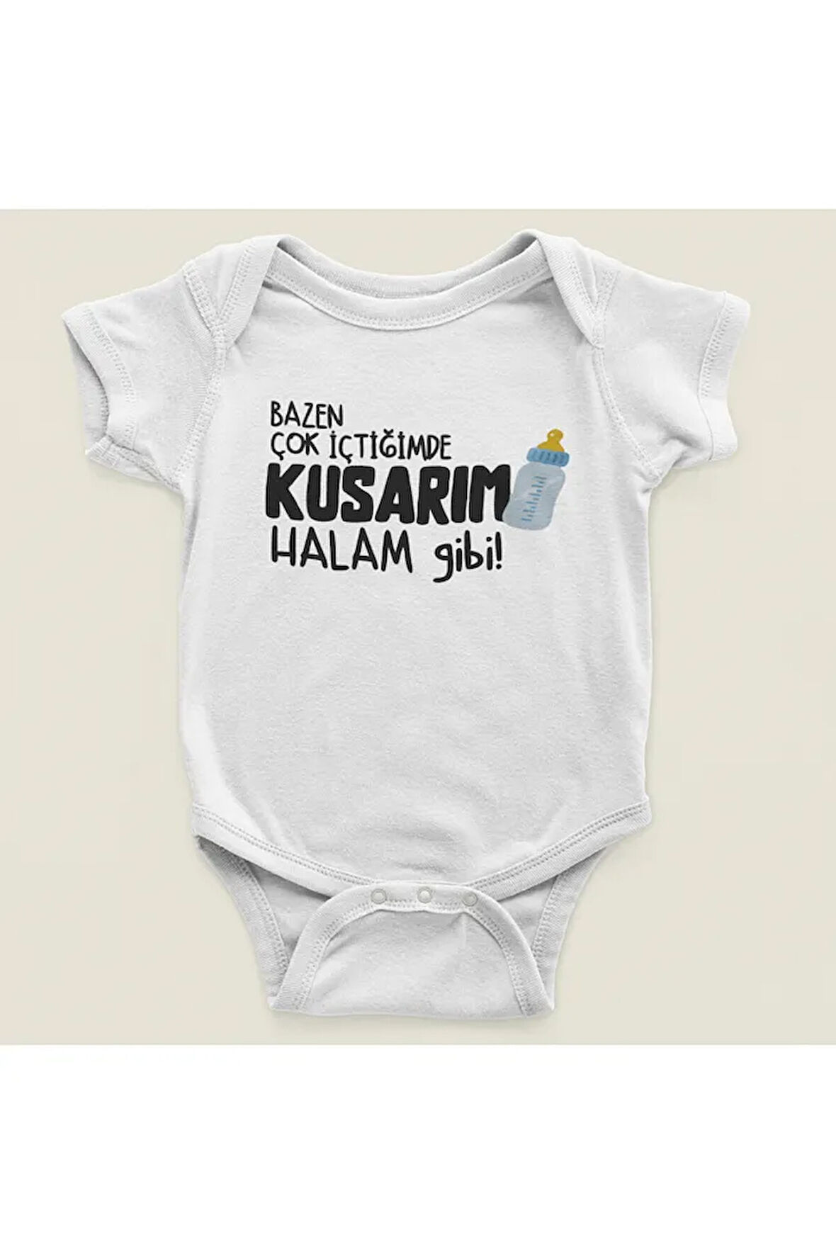 Bazen Çok İçtiğimde Kusarım Halam Gibi Yazılı Pamuklu Yumuşak Unisex Çıtçıtlı Body Zıbın