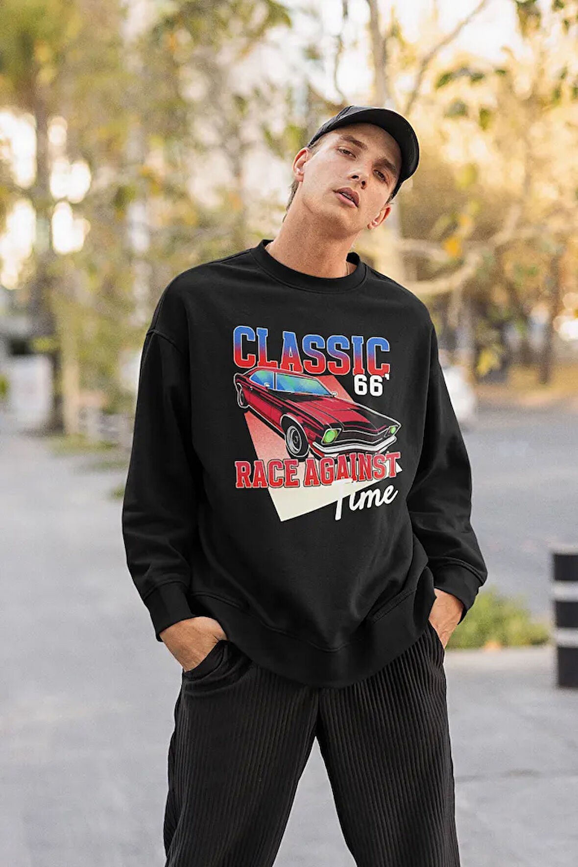 Classic 66 Araba Baskılı Unisex Oversize Sweatshirt