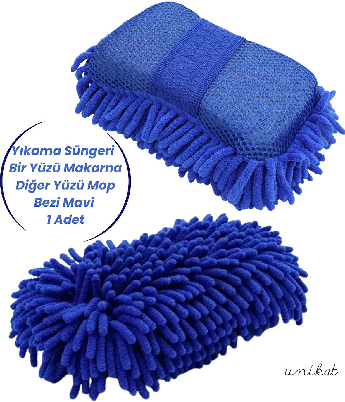 Premium Mikrofiber Araba Yıkama Süngeri – Bir Yüzü Makarna, Diğer Yüzü Mop Bezi Mavi 1 Adet