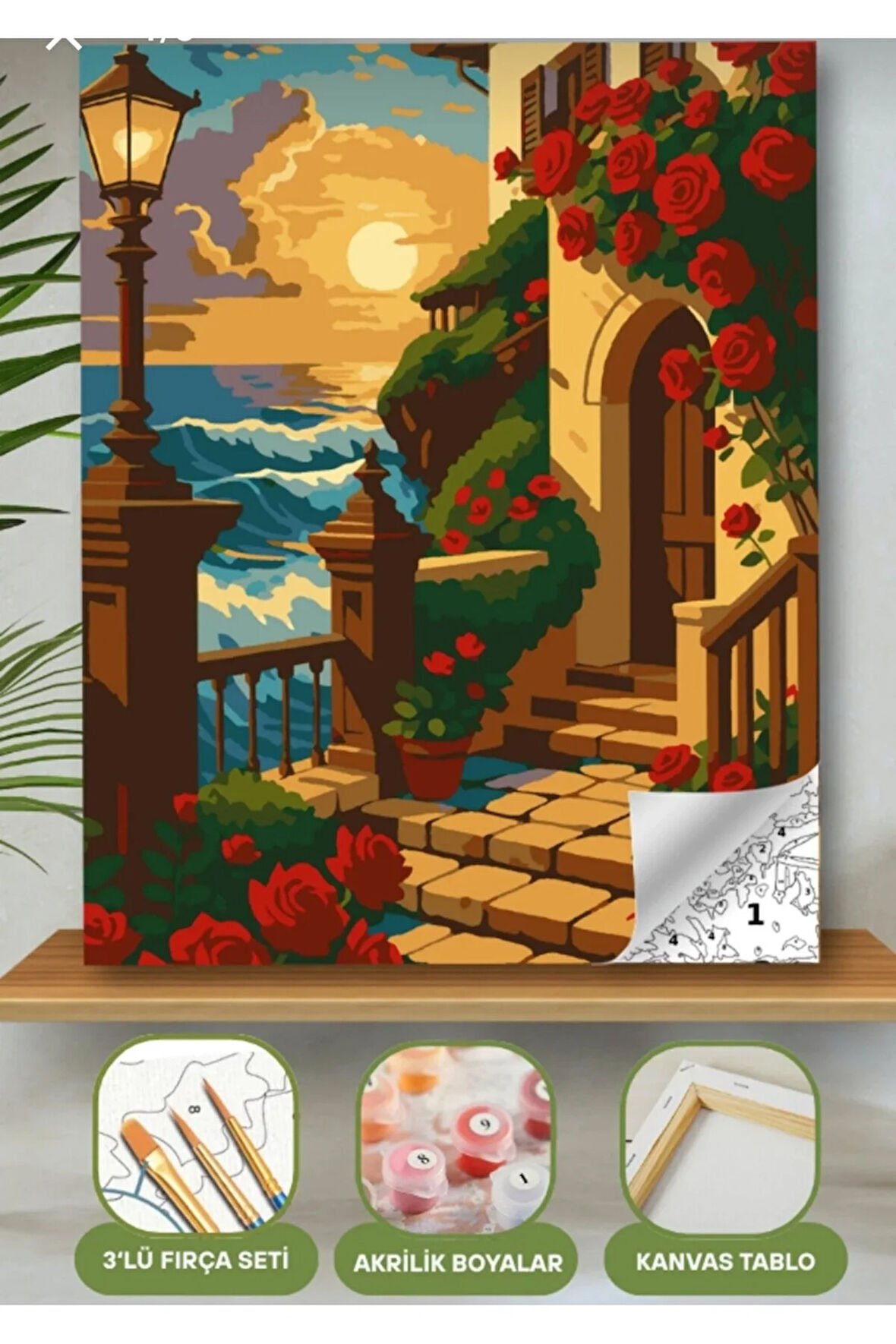 Sayılarla Boyama Seti 40x50 Cm (Çıtalı) Fırça Boya Dahil Numaralı Tuval Kırmızı Gül Bina Manzara