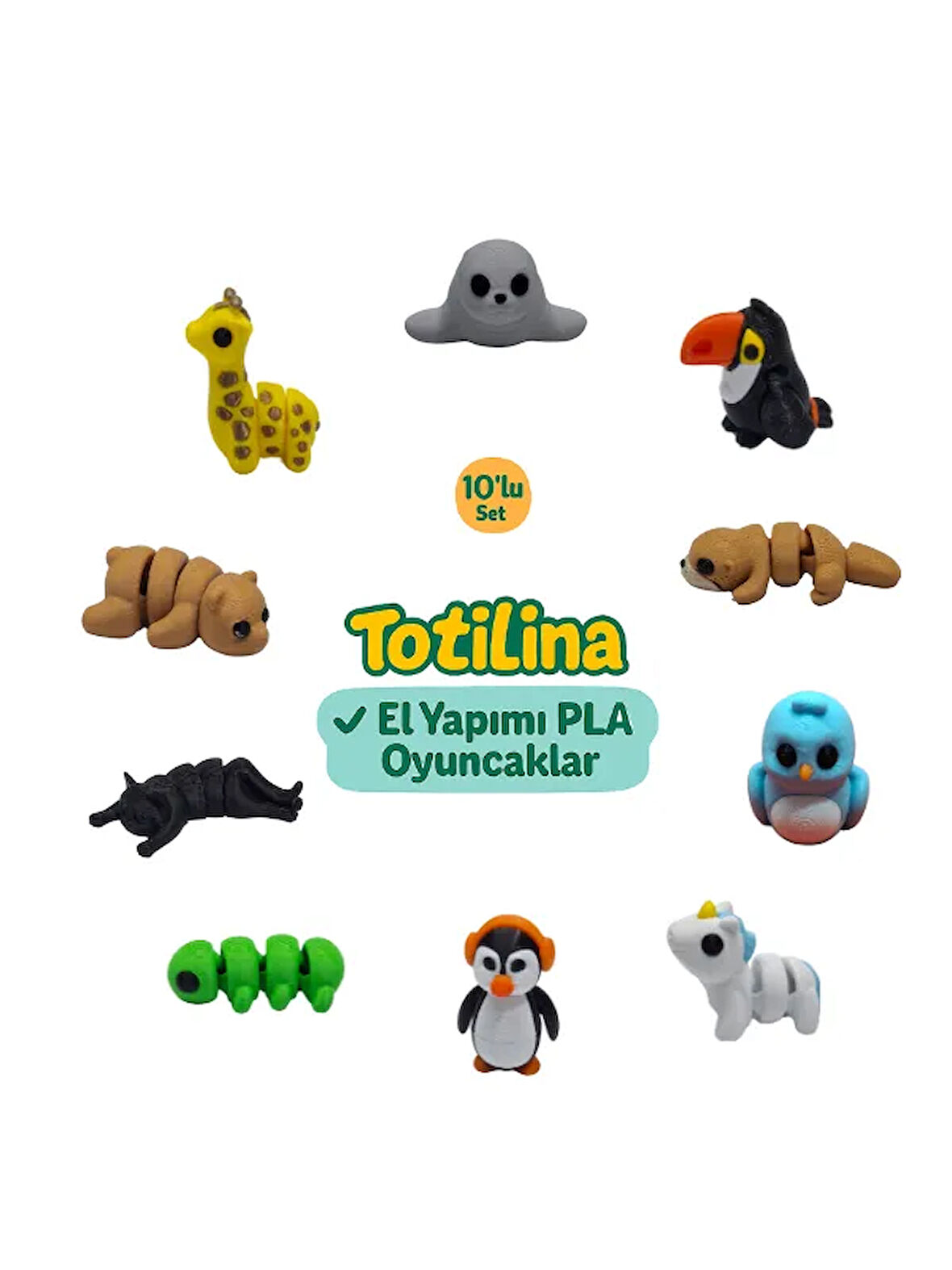 10'lu set (Fok Tukan kuşu Su samuru Kuş Unicorn Penguen Tırtıl…)