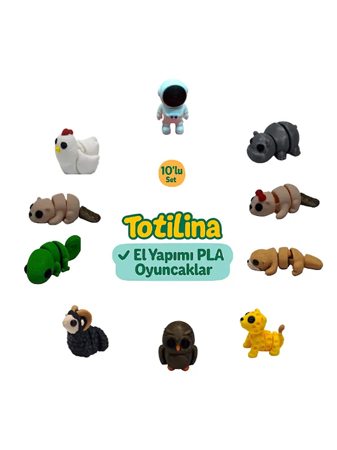 10'lu set (Astronot Hipopotam Su samuru Puma Baykuş koç…)