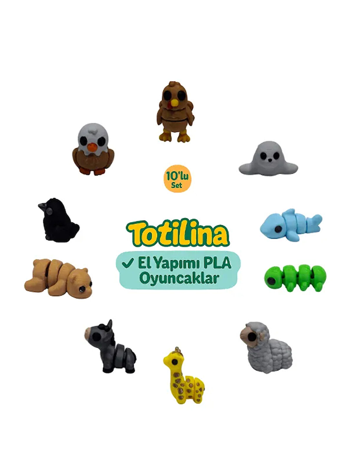 10'lu set (hindi fok köpek balığı tırtıl koyun zürafa eşek ayı…)