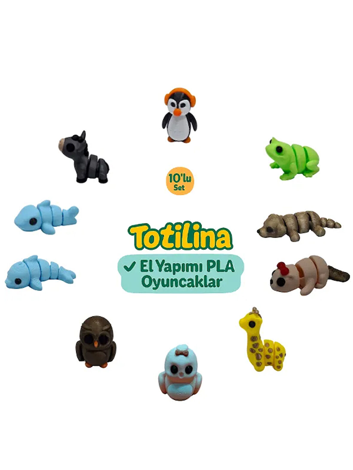 10'lu set (penguen kurbağa köpek su samuru zürafa kuş baykuş…)