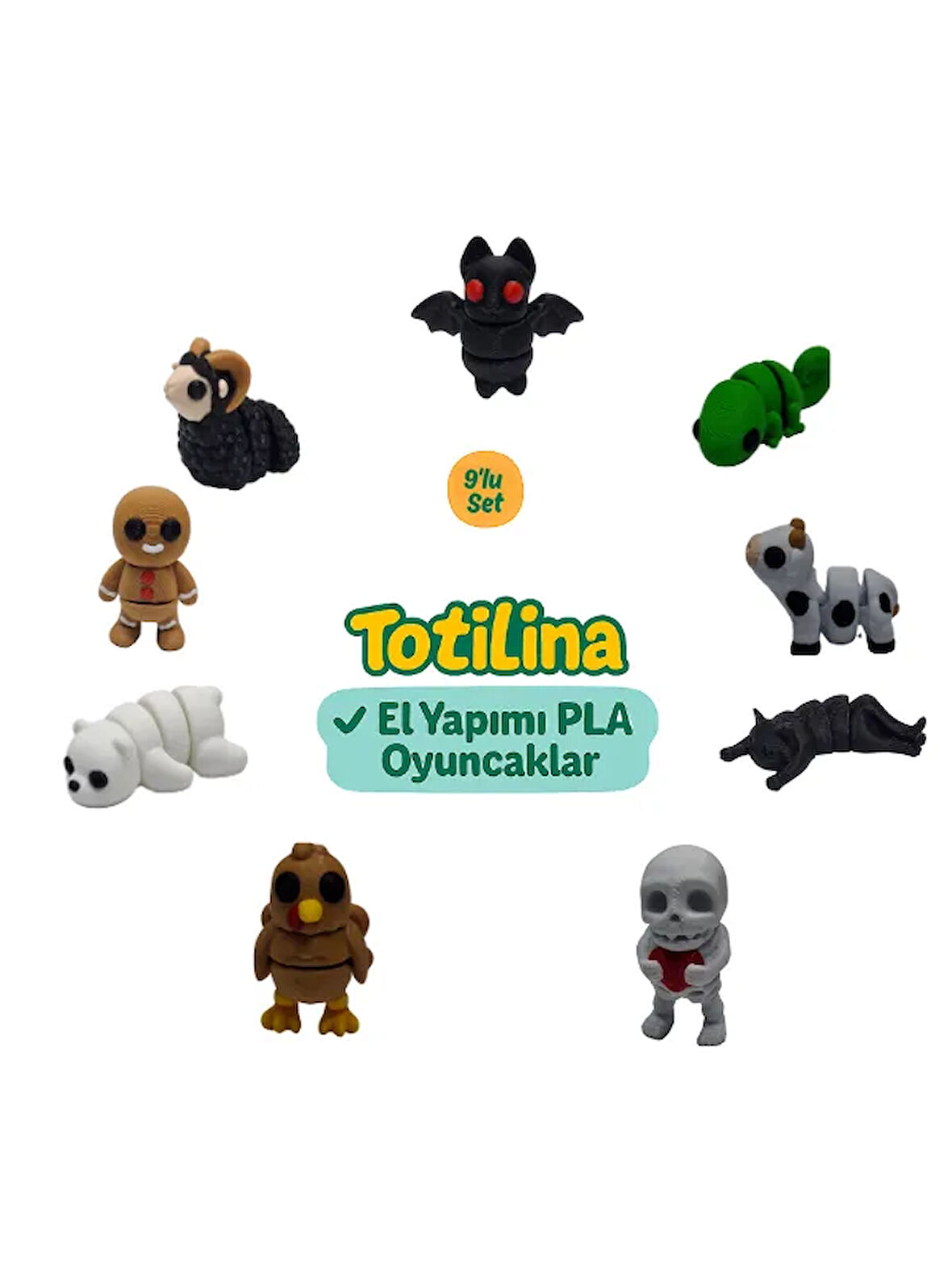 10'lu set (yarasa bukalemun inek iskelet hindi ayı kurabiye adam…)