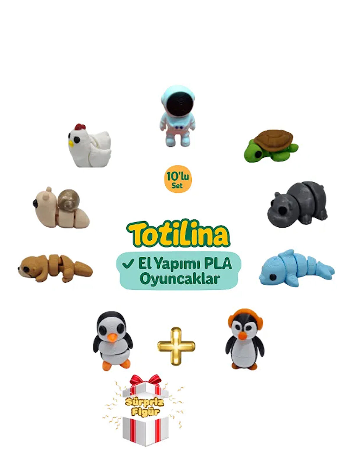 10'lu set (astronot kaplumbağa hipopotam yunus penguen su samuru…)
