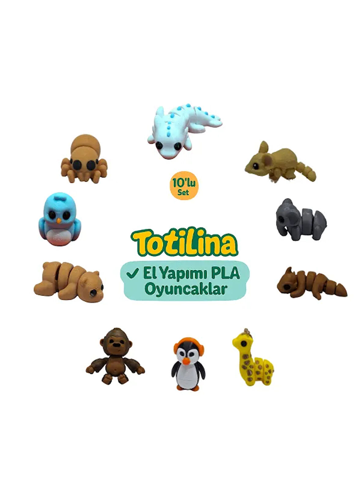 10'lu set (aksolotl fare fil ejderha zürafa penguen goril ayı…)