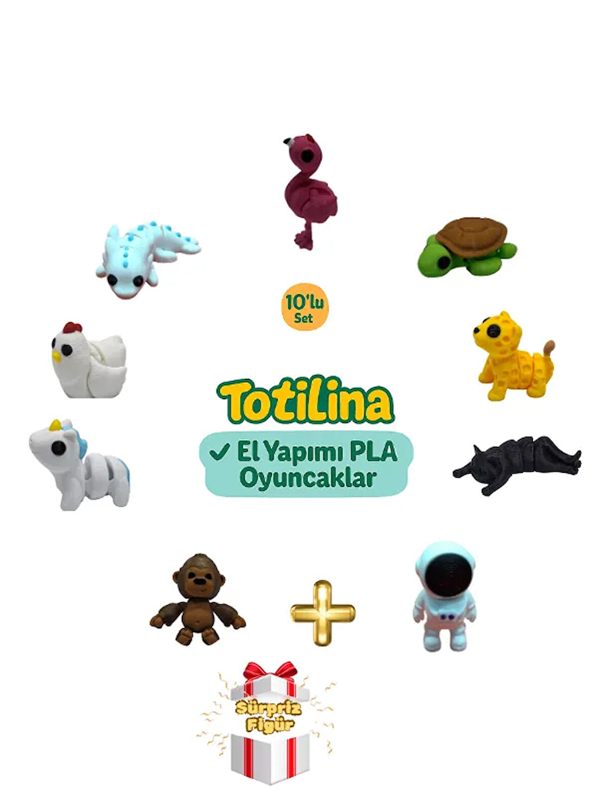 10'lu set (flamingo kaplumbağa puma kedi astronot goril unicorn…)