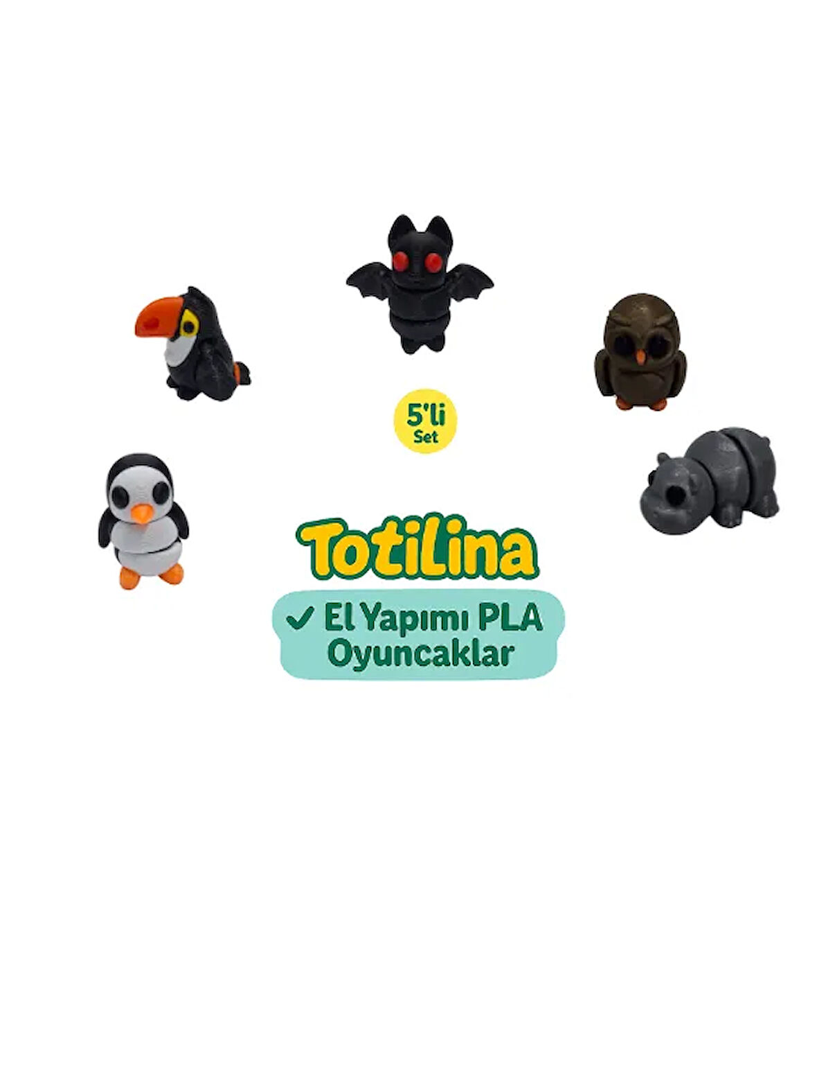 5'li set (yarasa baykuş hipopotam penguen tukan kuşu…)