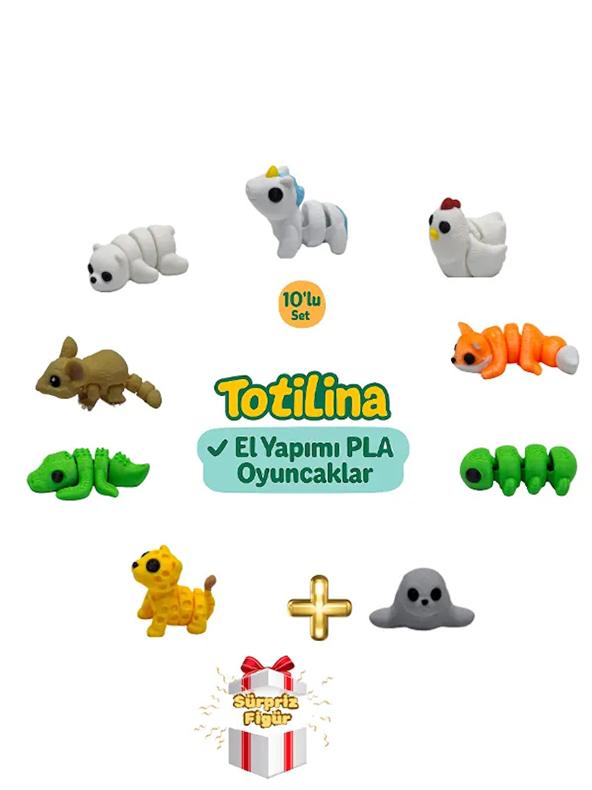 10'lu set (unicorn tavuk tilki tırtıl fok puma timsah fare ayı…)