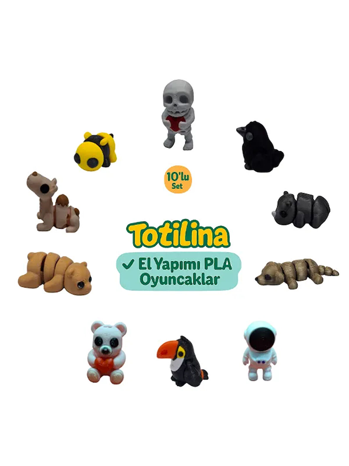 10'lu set (iskelet karga gergedan köpek astronot tukan kuşu ayı…)