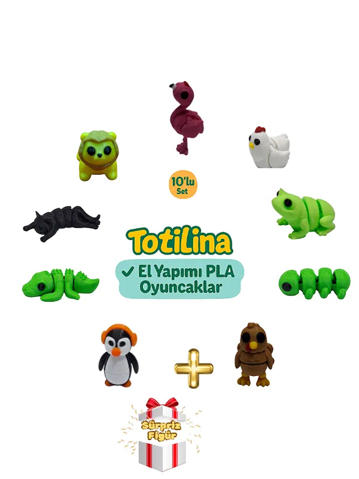 10'lu set (flamingo tavuk kurbağa tırtıl hindi penguen timsah kedi…)