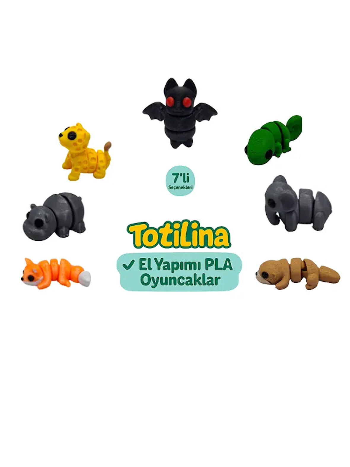 7'li set (yarasa bukalemun fil su samuru tilki hipopotam puma…)