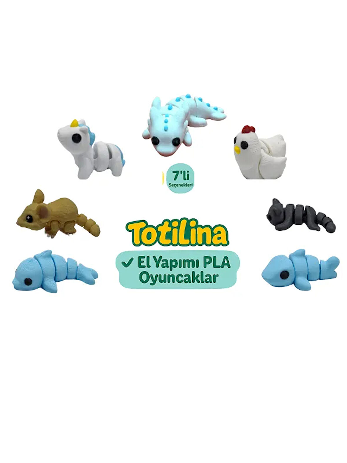 7'li set (aksolotl tavuk kedi köpek balığı yunus fare unicorn…)