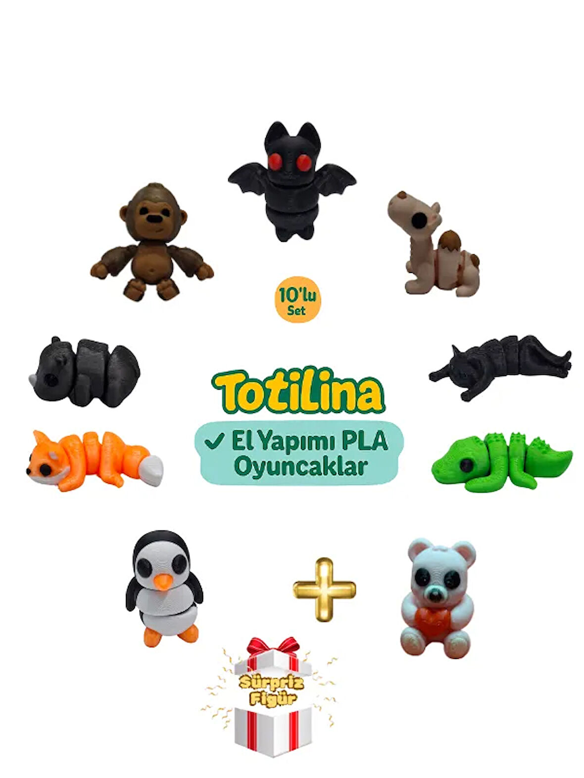 10'lu set (yarasa deve kedi timsah ayı penguen tilki gergedan…)