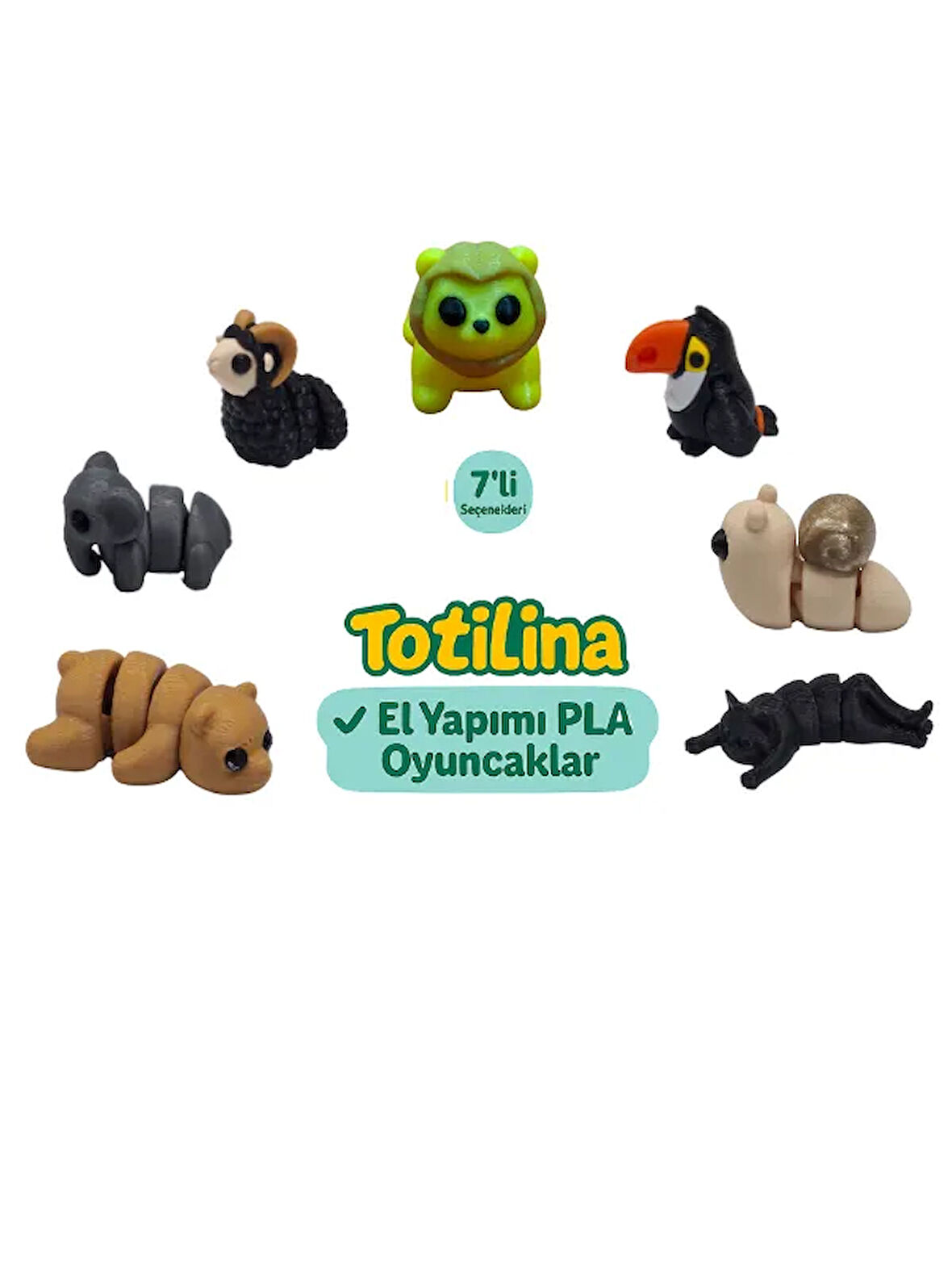7'li set (aslan tukan kuşu salyangoz kedi ayı fil koç…)