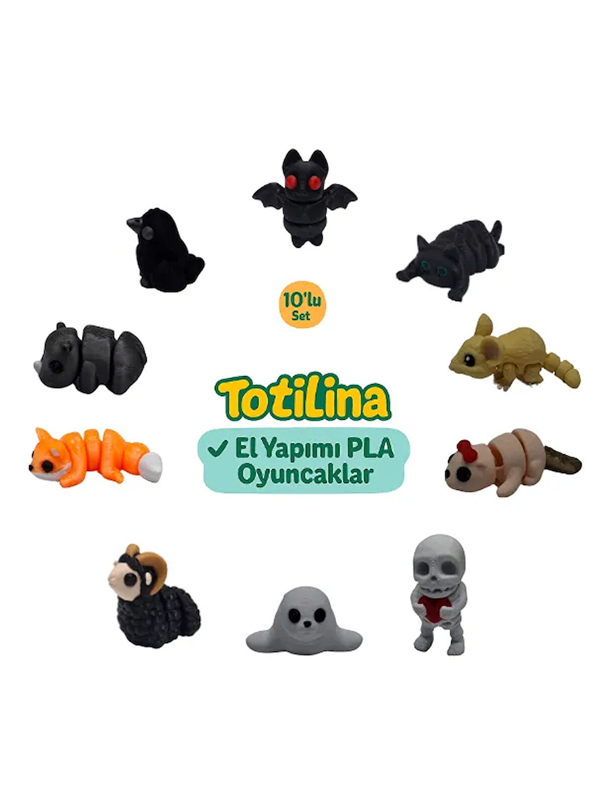 10'lu set (yarasa kedi fare su samuru iskelet fok koç tilki…)