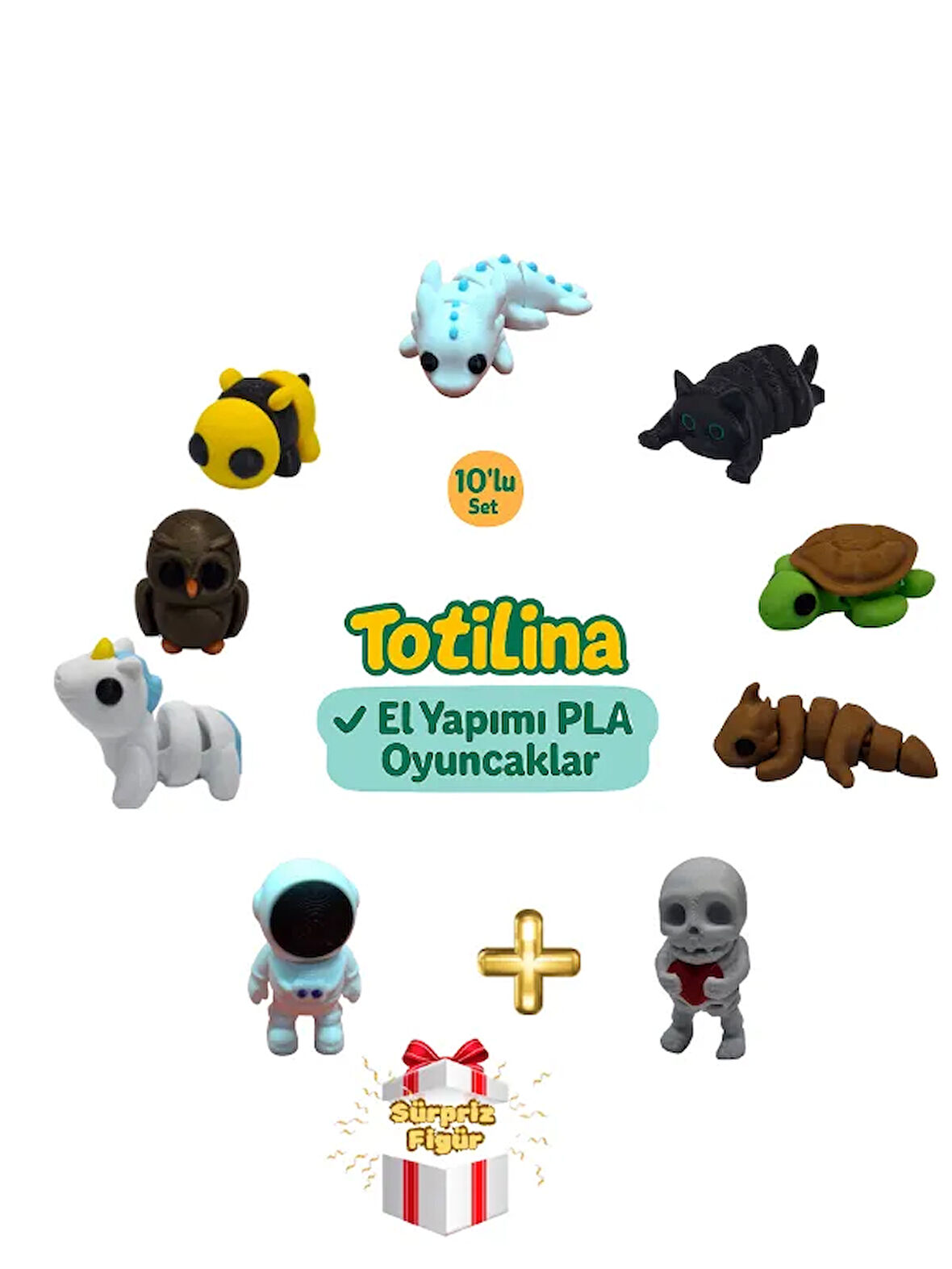 10'lu set (aksolotl kedi kaplumbağa ejderha iskelet astronot…)