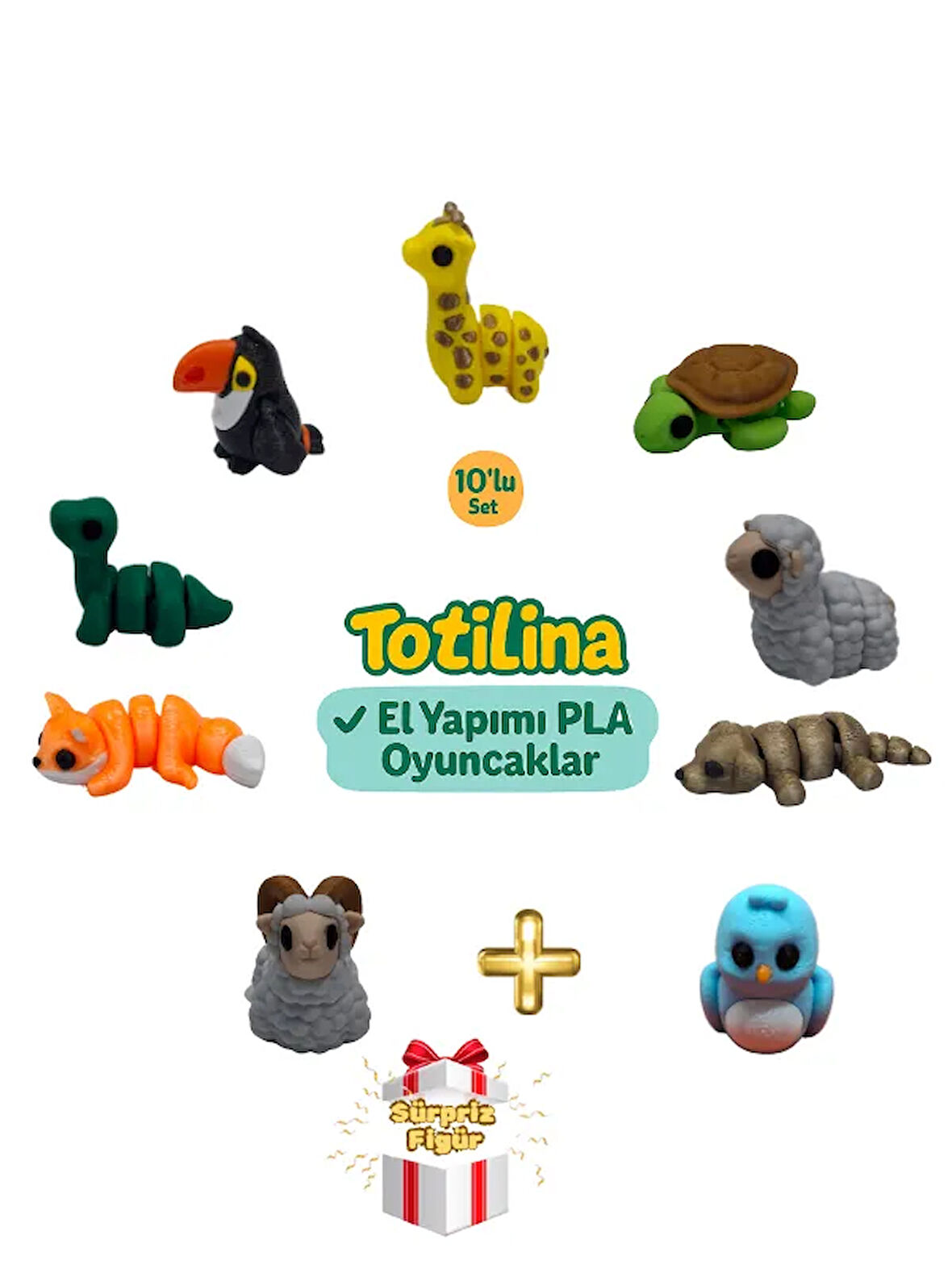10'lu set (zürafa kaplumbağa koyun köpek kuş koç tilki dinozor…)