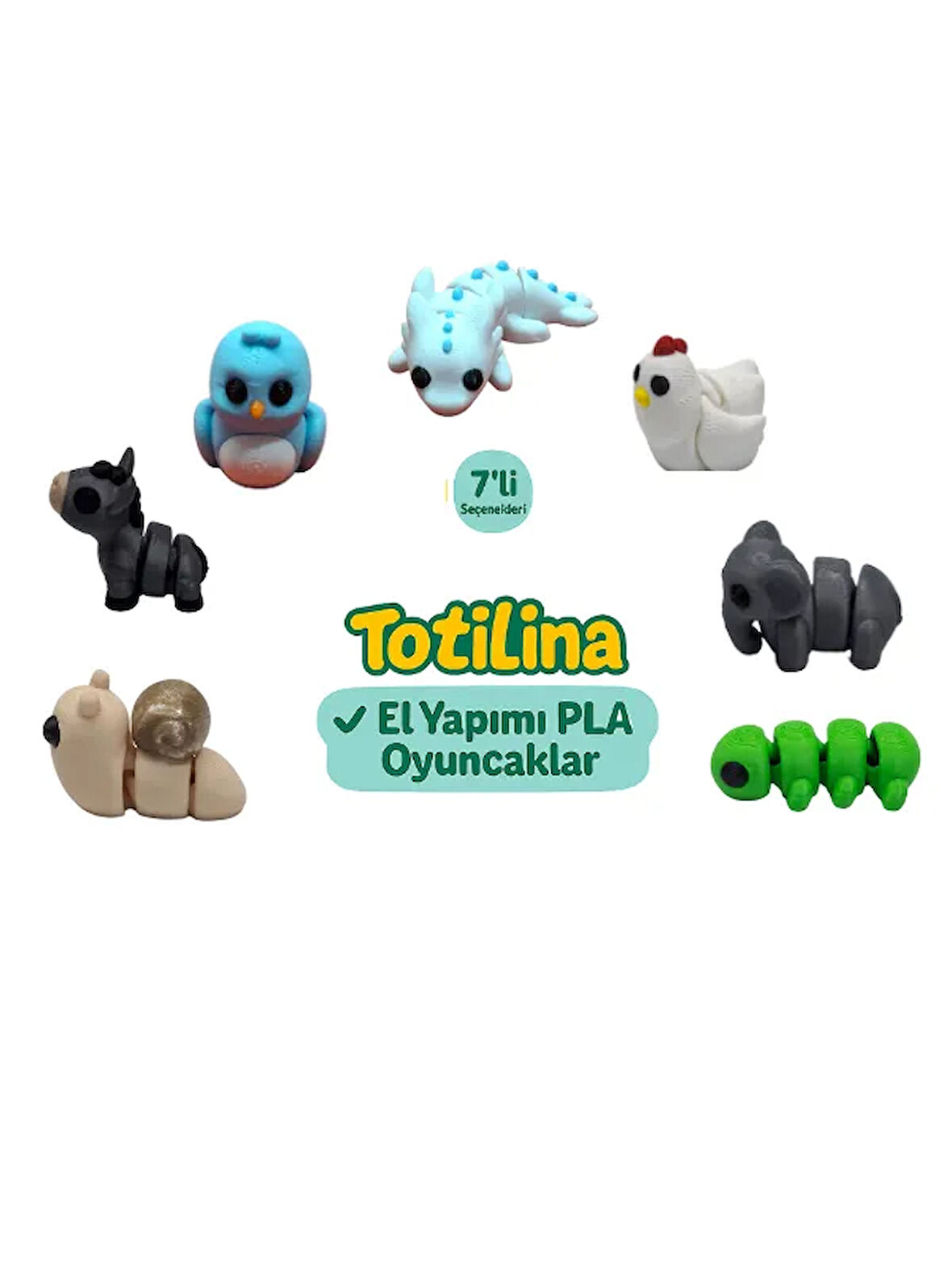 7'li set (aksolotl tavuk fil tırtıl salyangoz eşek kuş…)