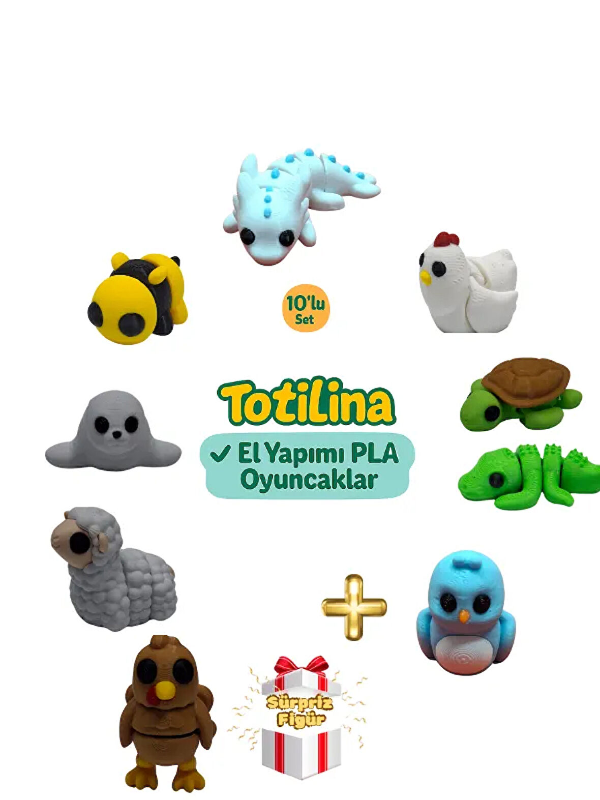 10'lu set (aksolotl tavuk kaplumbağa timsah kuş hindi koyun fok…)