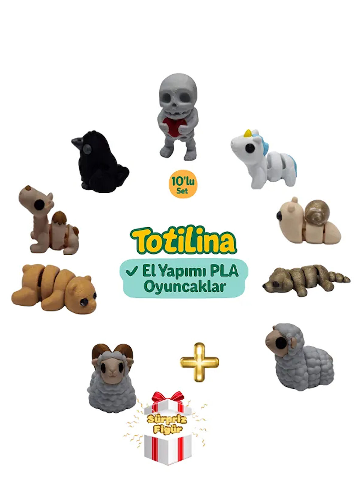 10'lu set (iskelet unicorn salyangoz köpek koyun koç ayı deve…)