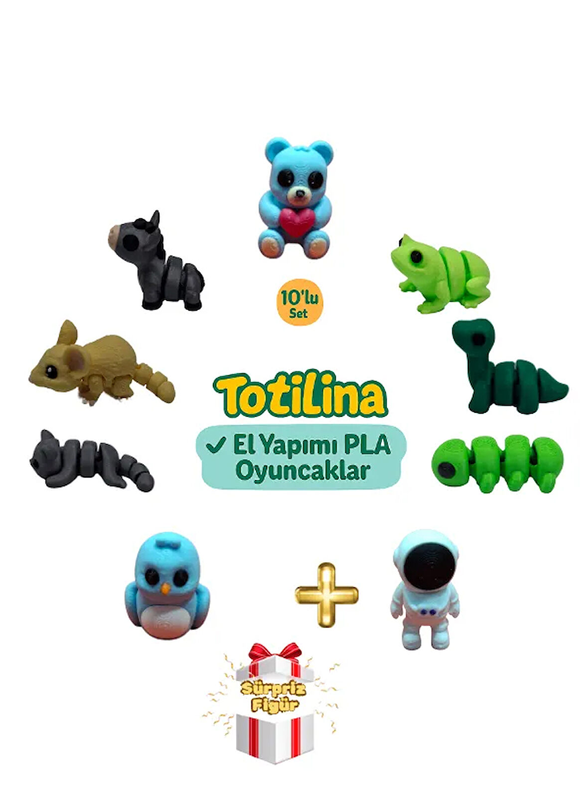 10'lu set (ayı kurbağa dinozor tırtıl astronot kuş kedi fare eşek…)