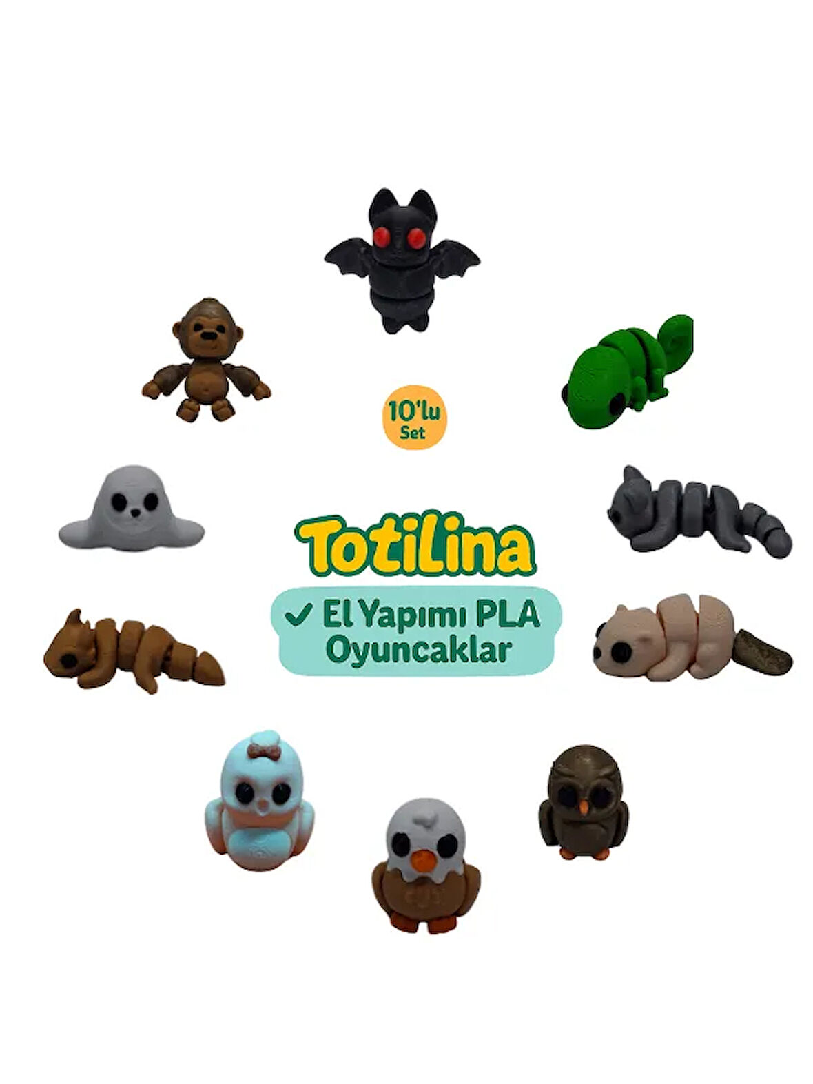 10'lu set (yarasa bukalemun kedi su samuru baykuş kartal kuş…)