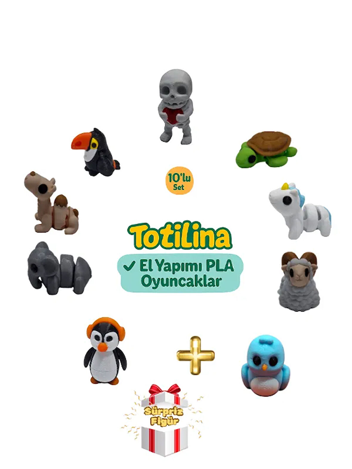 10'lu set (iskelet kaplumbağa unicorn koç kuş penguen fil deve...