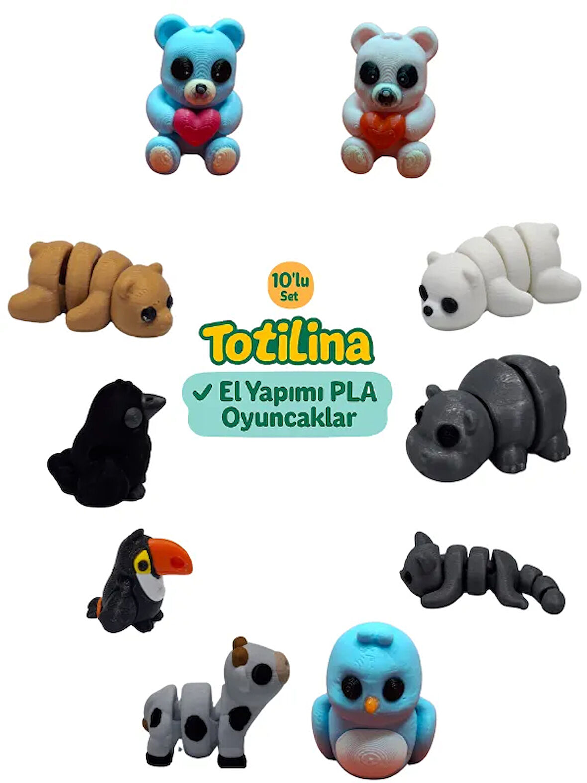 10'lu set (ayı hipopotam kedi kuş inek tukan kuşu karga…)